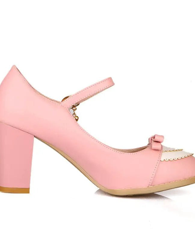 Sweet Lolita Heels with Lace Trim and Bow Details - Cosparty