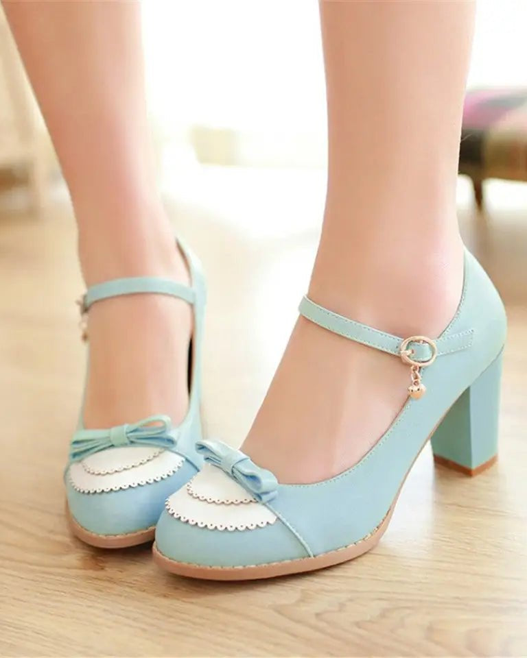 Sweet Lolita Heels with Lace Trim and Bow Details - Cosparty