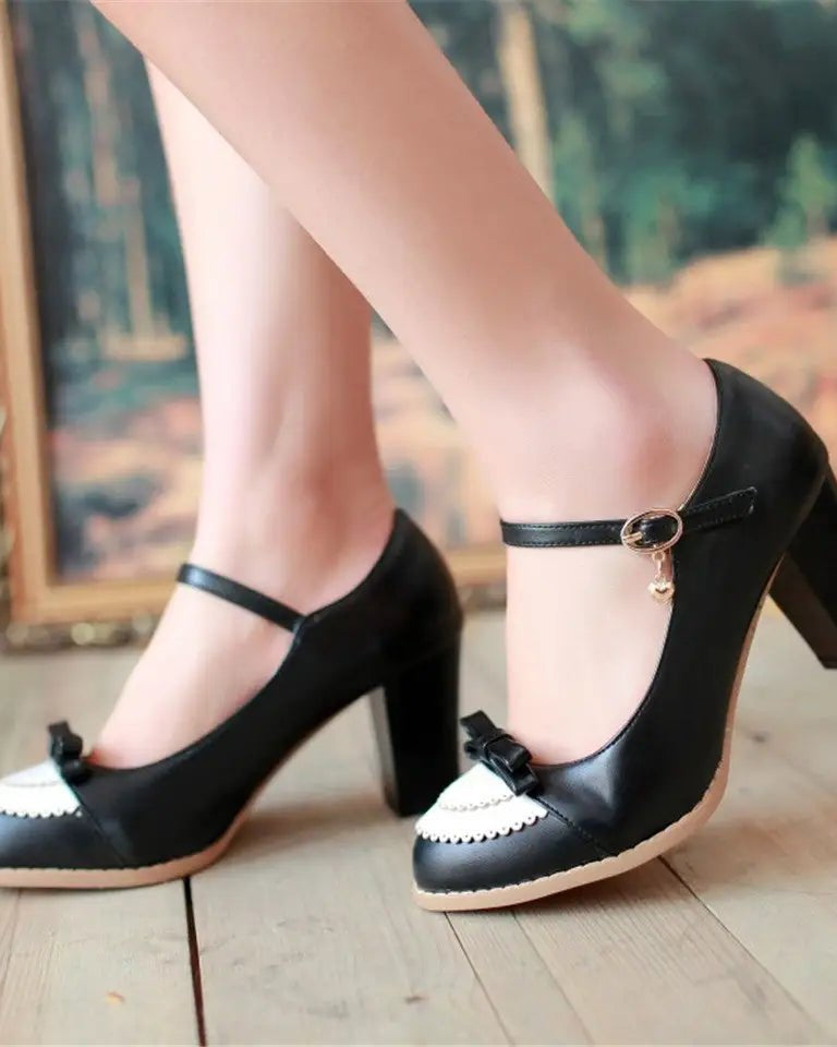 Sweet Lolita Heels with Lace Trim and Bow Details - Cosparty