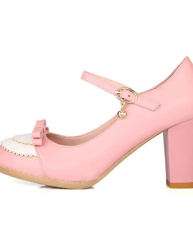 Sweet Lolita Heels with Lace Trim and Bow Details - Cosparty