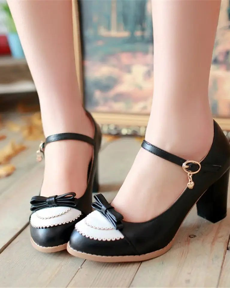 Sweet Lolita Heels with Lace Trim and Bow Details - Cosparty