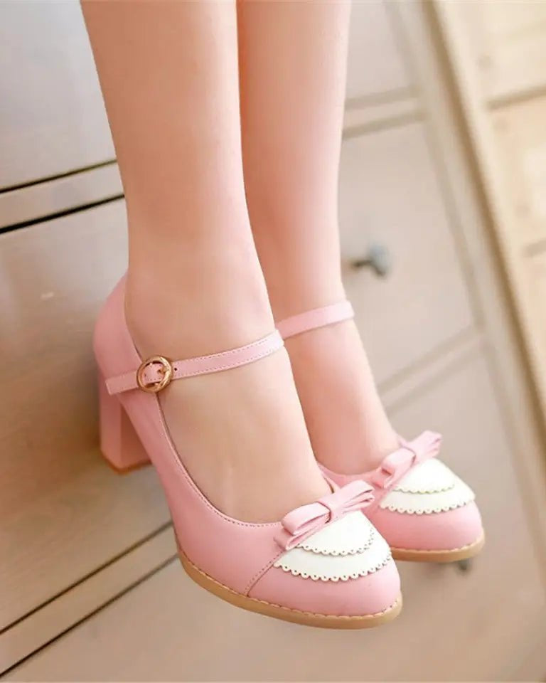 Sweet Lolita Heels with Lace Trim and Bow Details - Cosparty