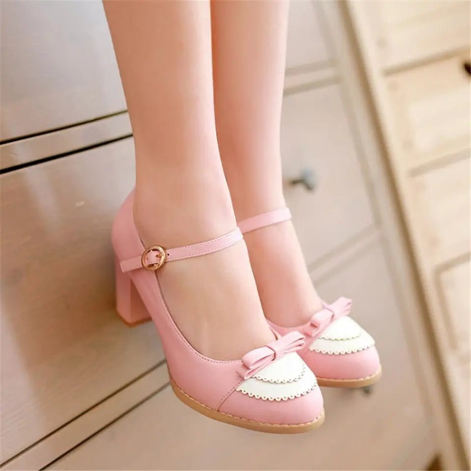 Sweet Lolita Heels with Lace Trim and Bow Details - Cosparty