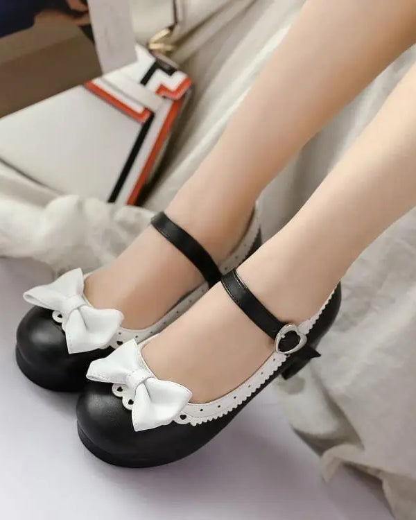 Sweet Lolita Heels with Lace Trim and Bow in Toe Version - shoes