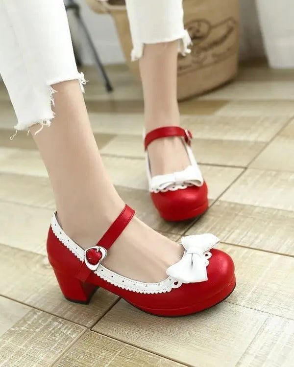 Sweet Lolita Heels with Lace Trim and Bow in Toe Version - shoes