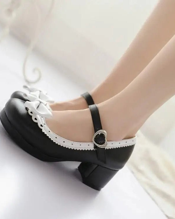 Sweet Lolita Heels with Lace Trim and Bow in Toe Version - Cosparty