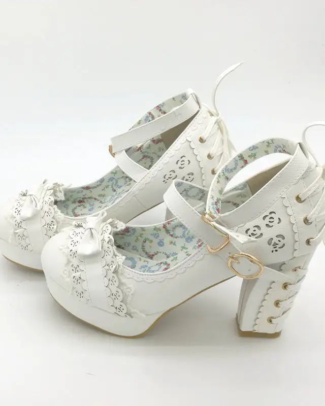 Sweet Lolita Heels with Lace Trim and Floral Insoles - Cosparty