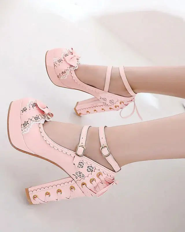 Sweet Lolita Heels with Lace Trim and Floral Insoles - Cosparty