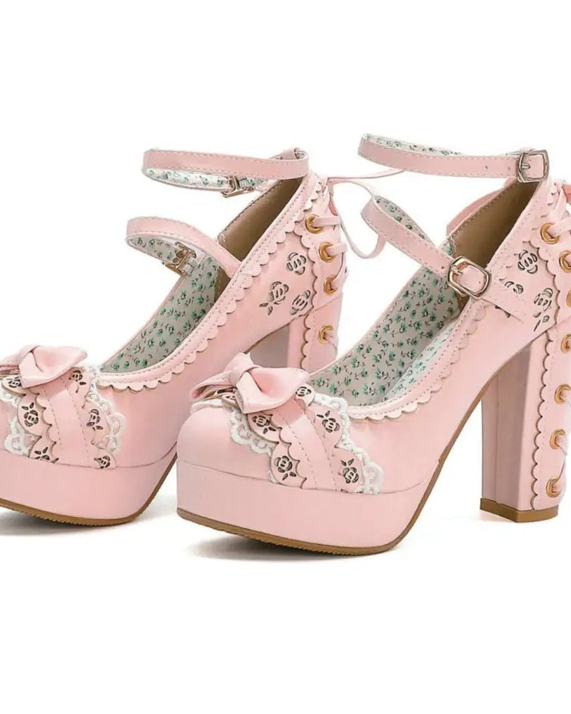 Sweet Lolita Heels with Lace Trim and Floral Insoles - Cosparty