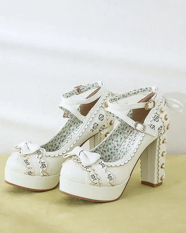 Sweet Lolita Heels with Lace Trim and Floral Insoles - Cosparty