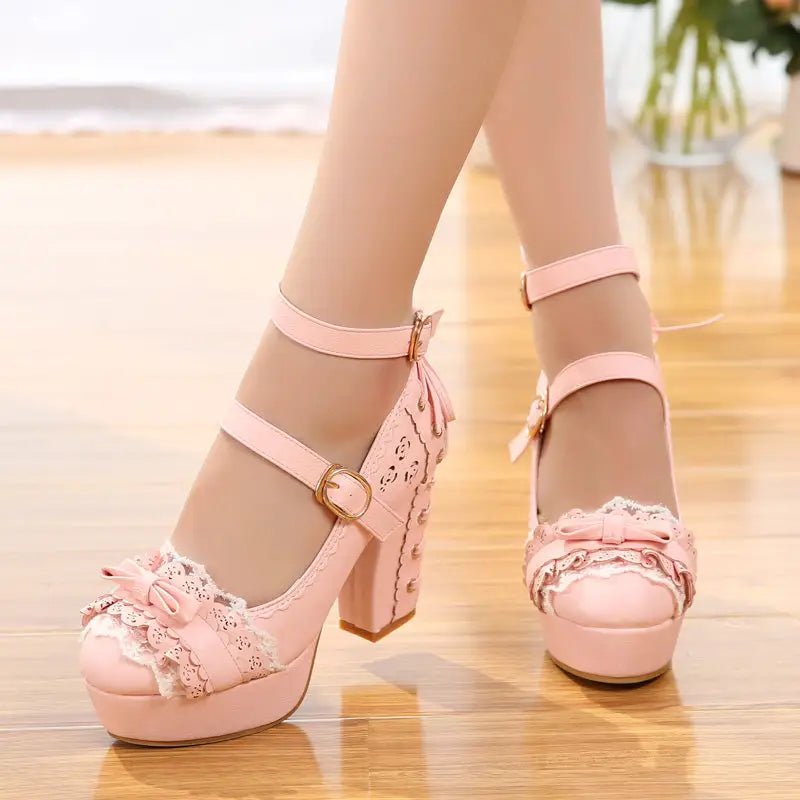 Sweet Lolita Heels with Lace Trim and Floral Insoles - Cosparty