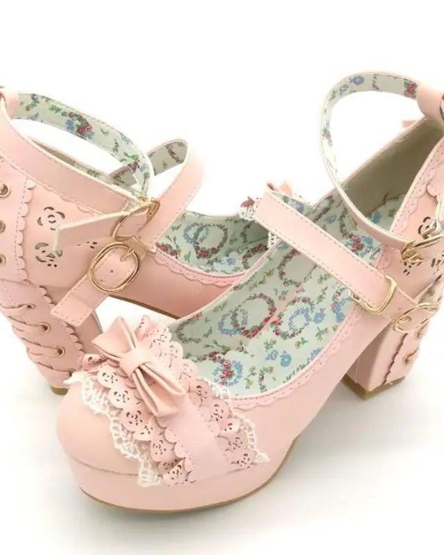 Sweet Lolita Heels with Lace Trim and Floral Insoles - Cosparty