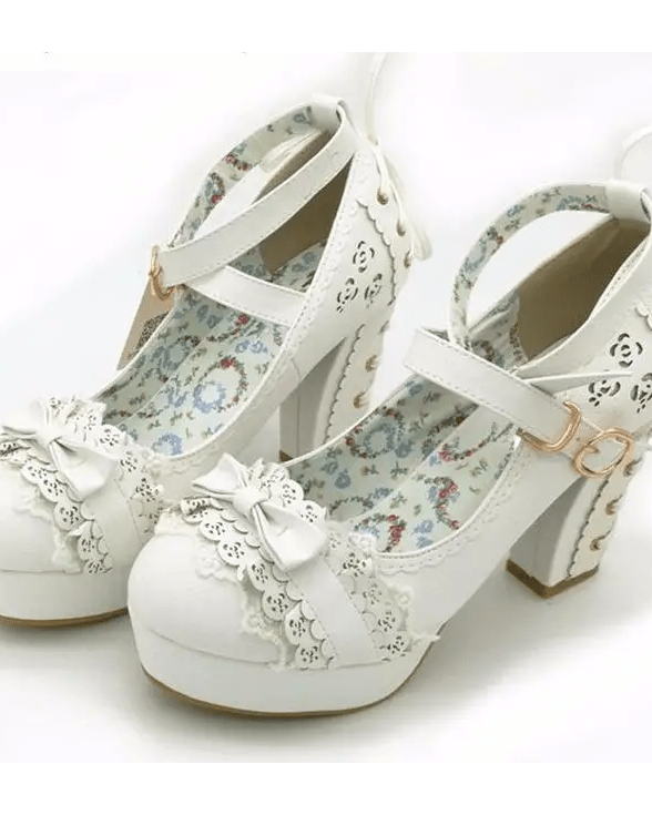 Sweet Lolita Heels with Lace Trim and Floral Insoles - Cosparty