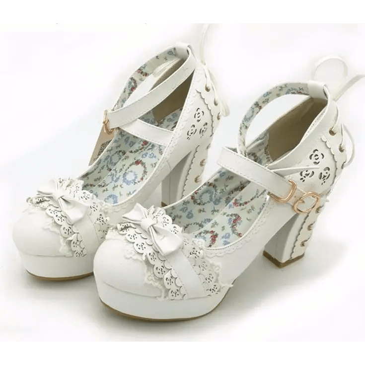 Sweet Lolita Heels with Lace Trim and Floral Insoles - Cosparty