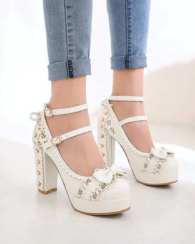 Sweet Lolita Heels with Lace Trim and Floral Insoles - Cosparty