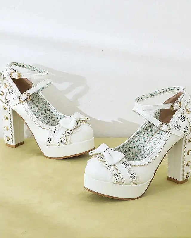 Sweet Lolita Heels with Lace Trim and Floral Insoles - Cosparty
