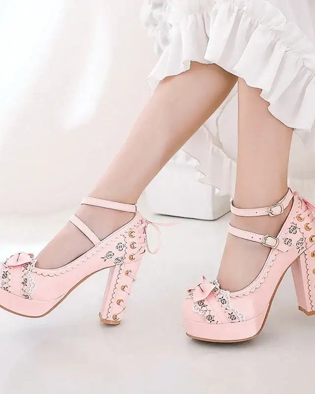 Sweet Lolita Heels with Lace Trim and Floral Insoles - Cosparty