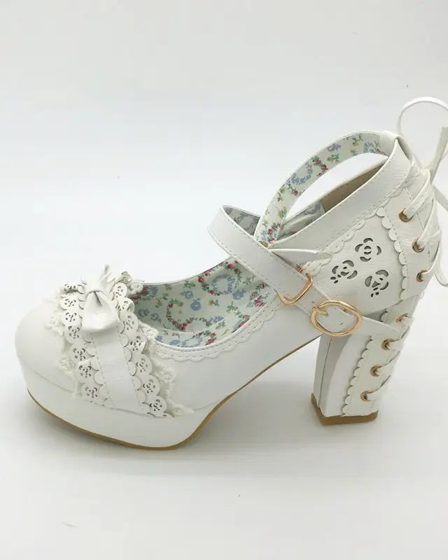 Sweet Lolita Heels with Lace Trim and Floral Insoles - Cosparty