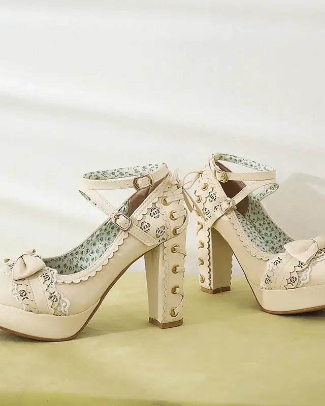 Sweet Lolita Heels with Lace Trim and Floral Insoles - Cosparty