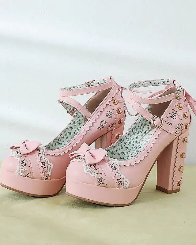 Sweet Lolita Heels with Lace Trim and Floral Insoles - Cosparty