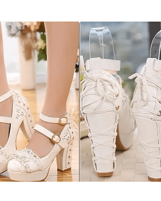Sweet Lolita Heels with Lace Trim and Floral Insoles - Cosparty