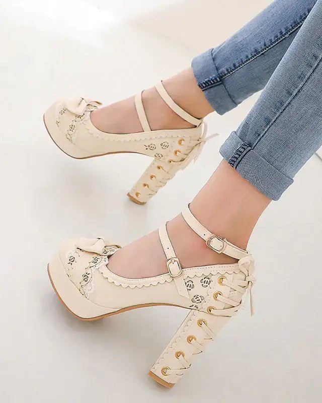Sweet Lolita Heels with Lace Trim and Floral Insoles - Cosparty
