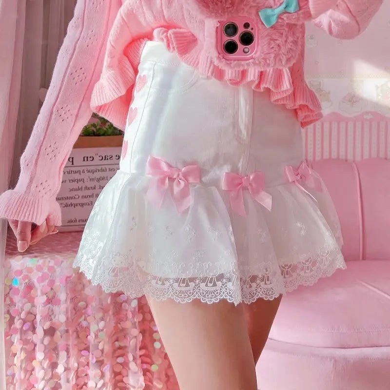 Sweet Pink and White Lace Lolita Skirt with Ribbons and Ruffles - Cosparty