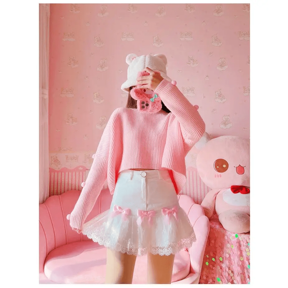 Sweet Pink and White Lace Lolita Skirt with Ribbons and Ruffles - Cosparty