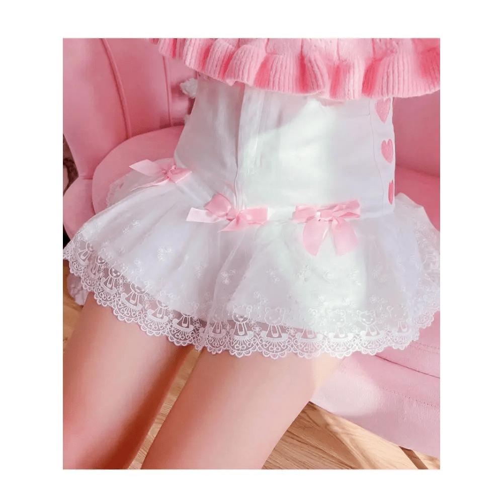 Sweet Pink and White Lace Lolita Skirt with Ribbons and Ruffles - Cosparty