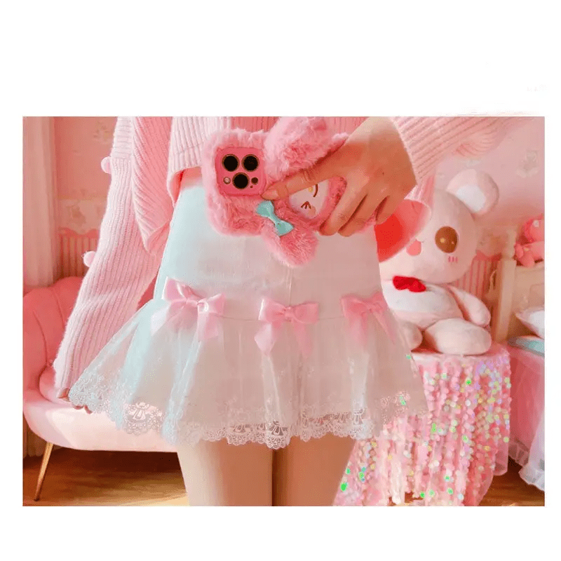 Sweet Pink and White Lace Lolita Skirt with Ribbons and Ruffles - Cosparty