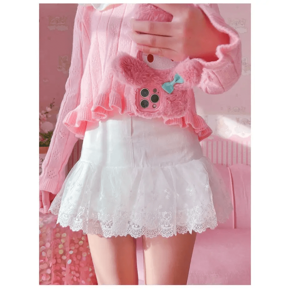 Sweet Pink and White Lace Lolita Skirt with Ribbons and Ruffles - Cosparty