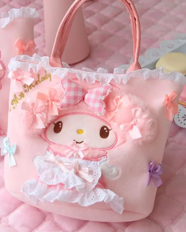 Sweet Pink Bunny Plush Purse with Ribbons and Soft Silk Lining - Cosparty