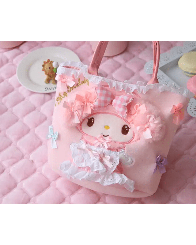 Sweet Pink Bunny Plush Purse with Ribbons and Soft Silk Lining - Cosparty