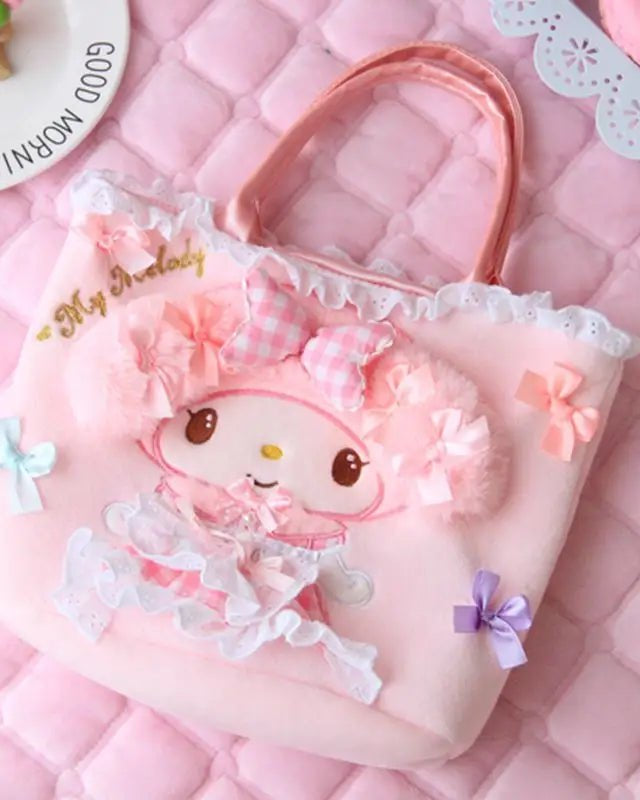 Sweet Pink Bunny Plush Purse with Ribbons and Soft Silk Lining - Cosparty