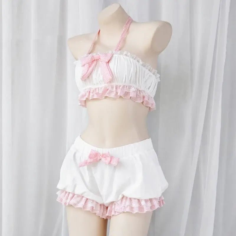 Sweet Pink Plaid Lingerie Set with Ruffled Halter Top and Bloomers - Cosparty