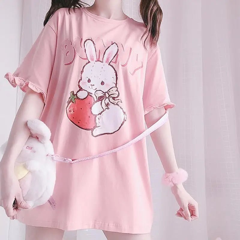 Sweet Pink Strawberry Bunny Oversized Tee with Ruffle Lace Trim - Cosparty
