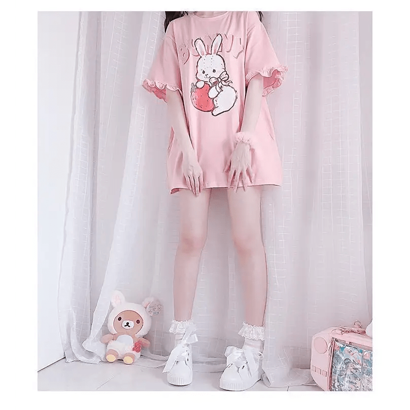 Sweet Pink Strawberry Bunny Oversized Tee with Ruffle Lace Trim - Cosparty
