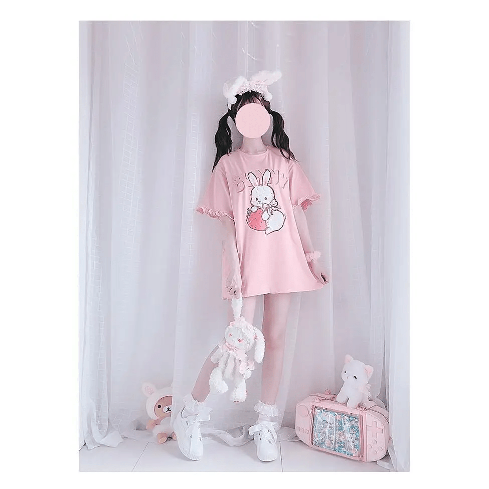 Sweet Pink Strawberry Bunny Oversized Tee with Ruffle Lace Trim - Cosparty