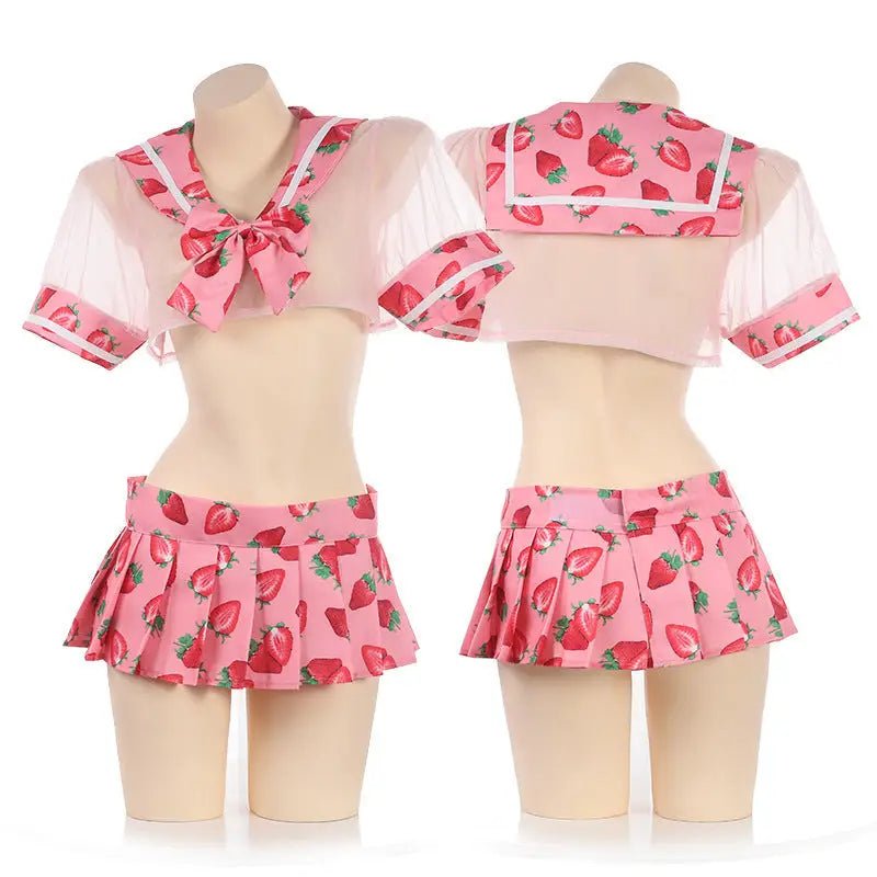 Sweet School Girl Inspired Lingerie Set with Berry and Mesh Details - Cosparty