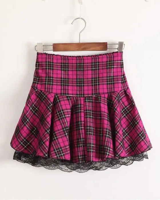 Tartan Plaid School Girl Skirt with Frilly Lace Layer - Cosparty