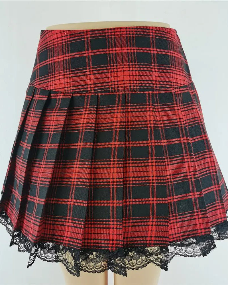 Tartan Plaid School Girl Skirt with Frilly Lace Layer - Cosparty