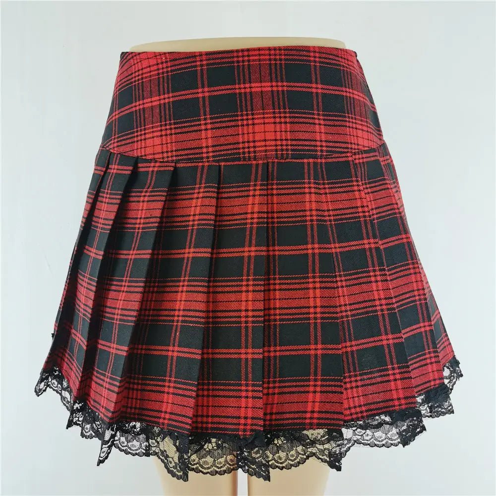 Tartan Plaid School Girl Skirt with Frilly Lace Layer - Cosparty