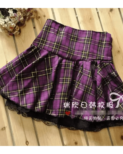 Tartan Plaid School Girl Skirt with Frilly Lace Layer - Cosparty