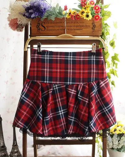 Tartan Plaid School Girl Skirt with Frilly Lace Layer - Cosparty