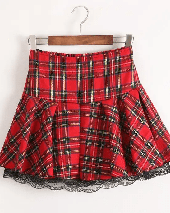 Tartan Plaid School Girl Skirt with Frilly Lace Layer - Cosparty