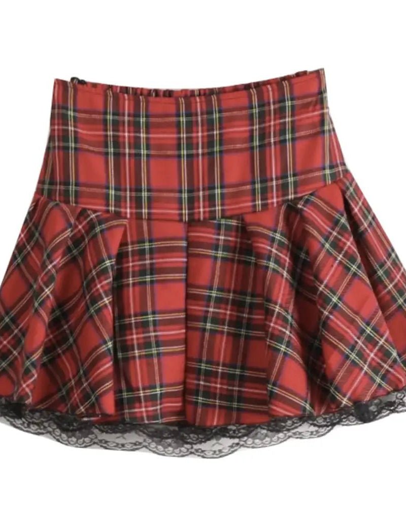 Tartan Plaid School Girl Skirt with Frilly Lace Layer - Cosparty