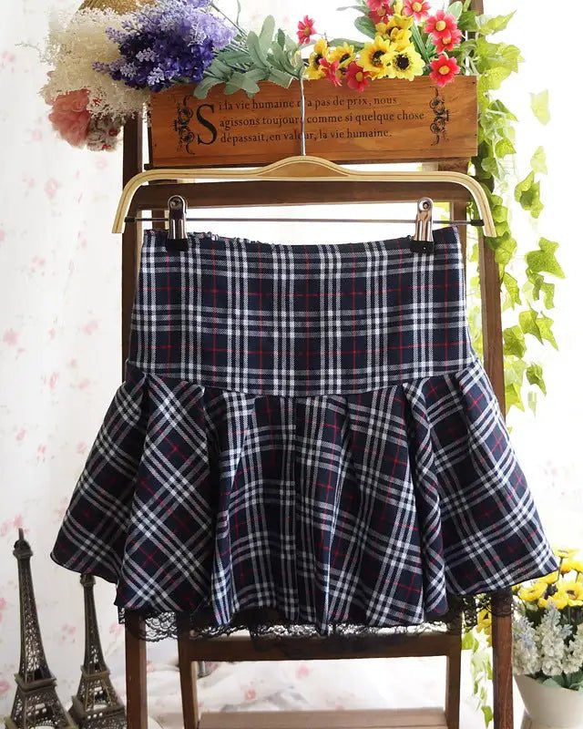 Tartan Plaid School Girl Skirt with Frilly Lace Layer - Cosparty