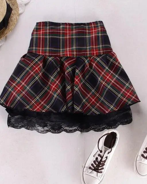 Tartan Plaid School Girl Skirt with Frilly Lace Layer - Cosparty