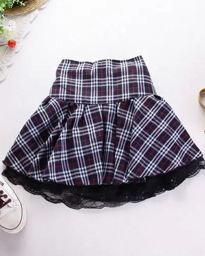 Tartan Plaid School Girl Skirt with Frilly Lace Layer - Cosparty