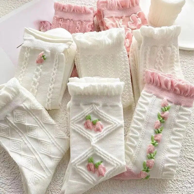 Textured Angelic Socks with Knit Detailing and Rosebud Embellishments - Cosparty